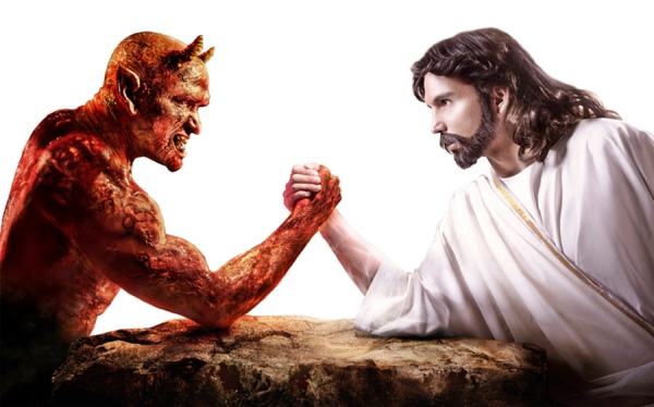 Jesus arm wrestling a demon